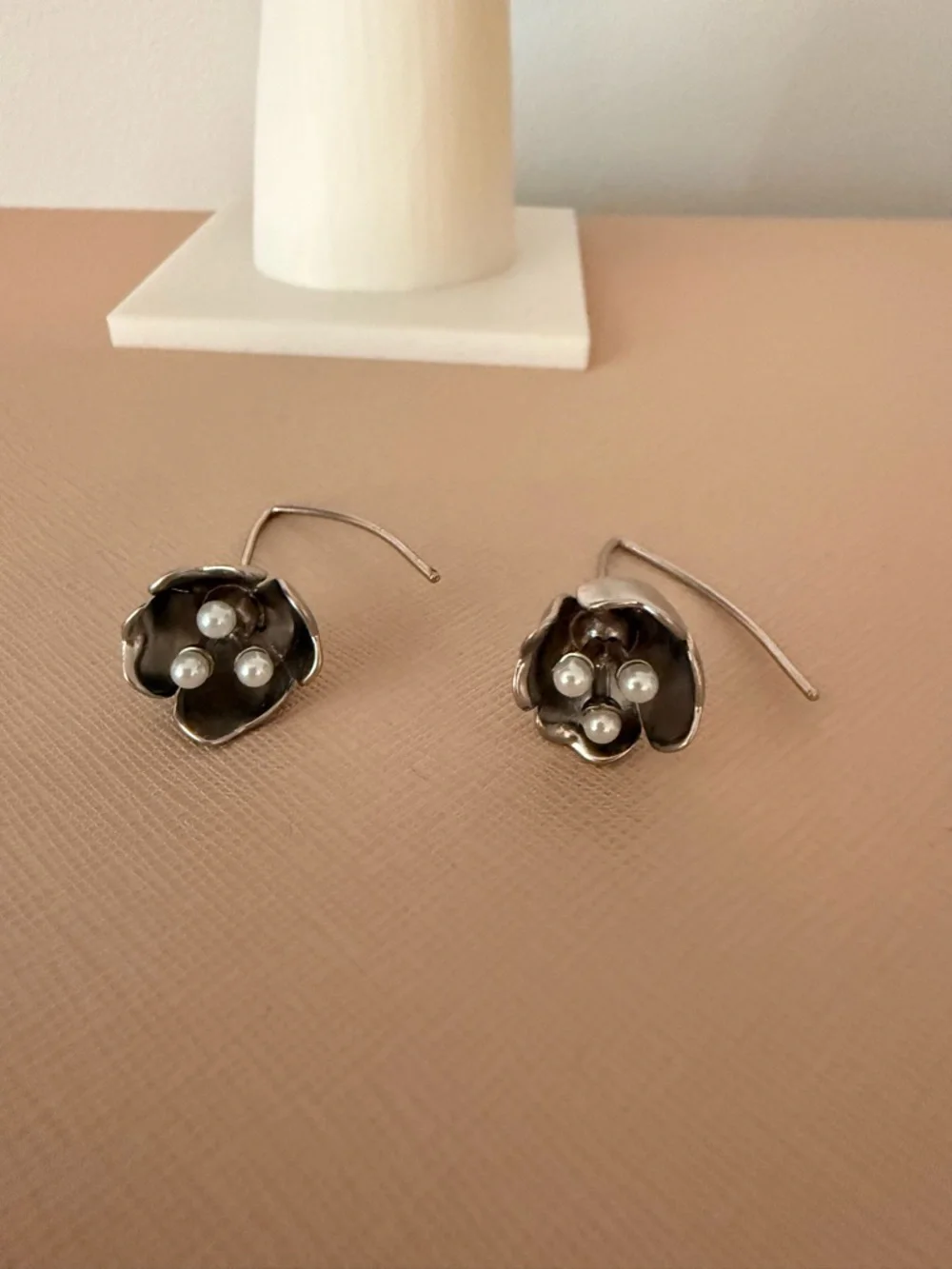 Coach Silver Floral Drop Earrings with Pearl Accents - Picture 2 of 2
